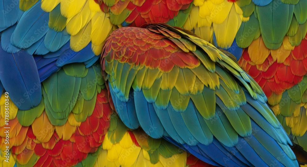 Fototapeta premium Vibrant Macaw Feathers Close-up Revealing Intricate Natural Patterns and Brilliant Colors