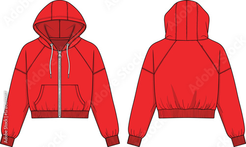 Red hooded sweatshirt, technical fashion sketch, front and back view, zipper closure, ribbed cuffs, drawstring hood, garment construction, casualwear design, apparel illustration