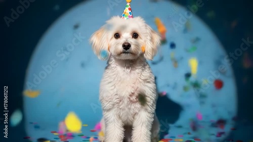 Adorable white dog with a birthday hat against a blue background, confetti