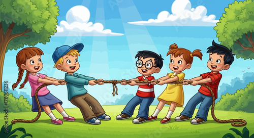 Cartoon illustration of children playing tug of war in a park.