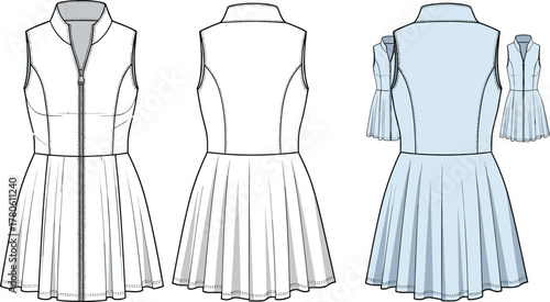 Sleeveless pleated dress, technical fashion sketch, front and back view, princess seam bodice, zippered closure, flared skirt, garment construction, apparel design illustration