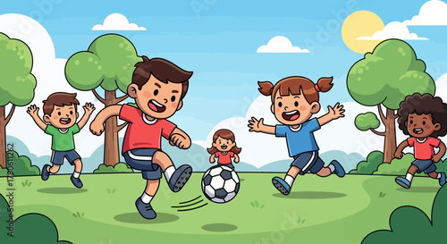 Cartoon illustration of children playing soccer in a park on a sunny day.
