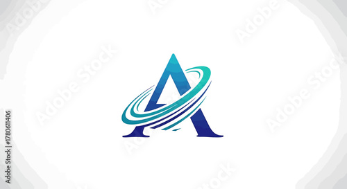 Elegant letter A logo design with a dynamic blue orbital swoosh, representing technology and innovation