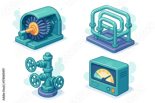 Isometric industrial machinery components including turbine, piping system, valve assembly, and gauge meter