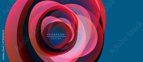 Abstract swirling layers, vibrant reds, blues. Modern design element, circular motion, dynamic composition. Background texture suggests depth, energy.