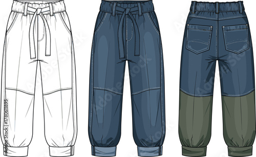 Women’s jogger pants, multi-view fashion sketch, denim blue and two-tone design, drawstring waist, elastic cuffs, apparel construction reference, garment illustration