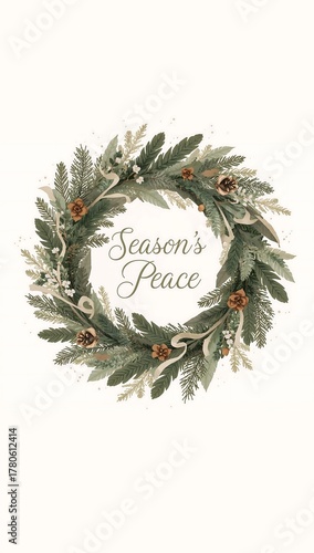 Christmas wreath with seasons peace text isolated on white background