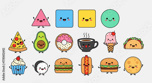 Adorable cartoon food characters collection with smiling faces and geometric shapes