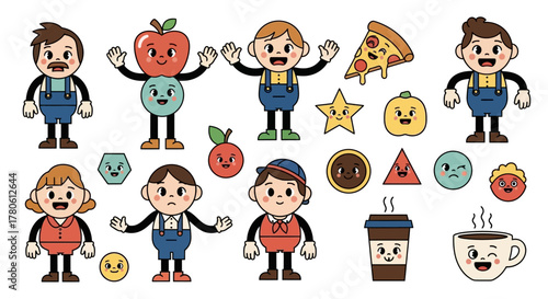 Collection of cartoon figures and objects with various facial expressions on white background