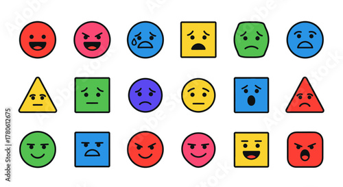 Varied emotions portrayed through colorful geometric shapes depicting diverse feelings