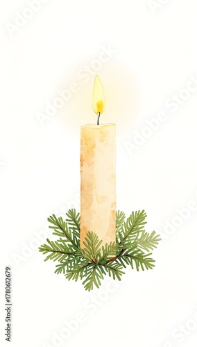 A lit candle with pine needles isolated on white background