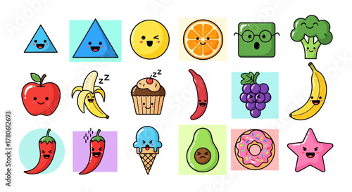 Collection of cute cartoon fruits, vegetables, geometric shapes and desserts with kawaii faces
