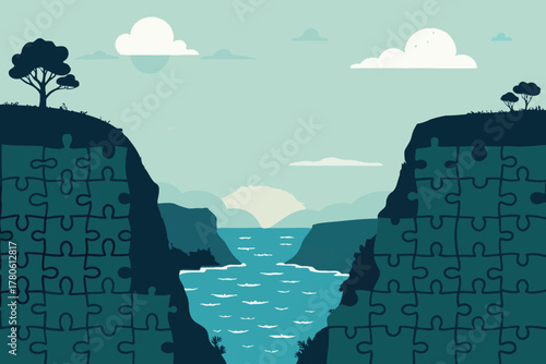 Connecting landscape cliffs with puzzle pieces over calm ocean view