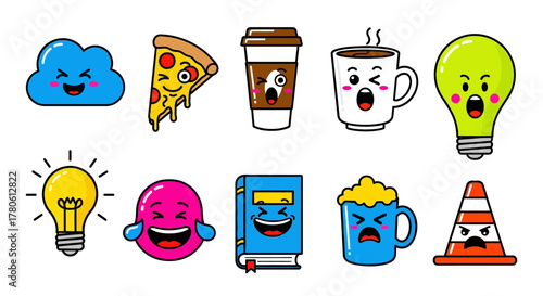Cheerful cartoon emoji collection featuring diverse expressions and humorous icons for visual