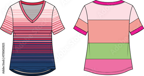 Women’s striped V-neck shirt, short sleeves, color block back, fashion flat sketch, front and back views, casualwear apparel design, clothing illustration reference