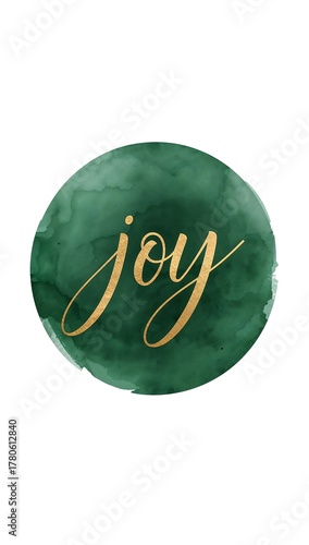 Golden calligraphy word joy on a green watercolor circle