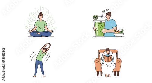 Illustrative healthy lifestyle habits for wellbeing featuring yoga smoothie stretches and reading