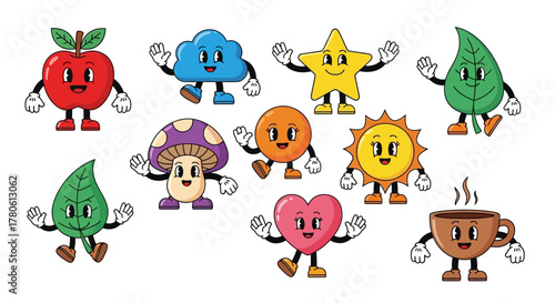 Collection of cheerful retro cartoon characters with charming vintage design aesthetic illustration