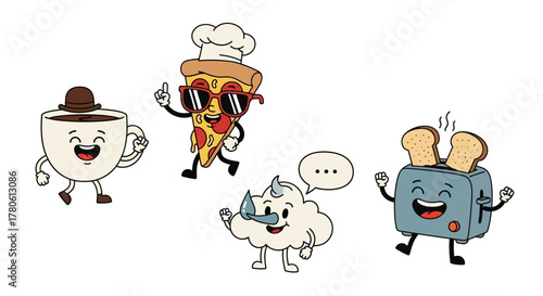 Cheerful cartoon food and kitchen appliance characters conveying jovial and friendly vibes for a
