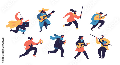 Energetic characters in dynamic motion with diverse accessories and musical instruments