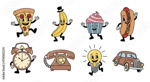 Retro cartoon characters featuring pizza, banana, cupcake, hotdog, and vintage items