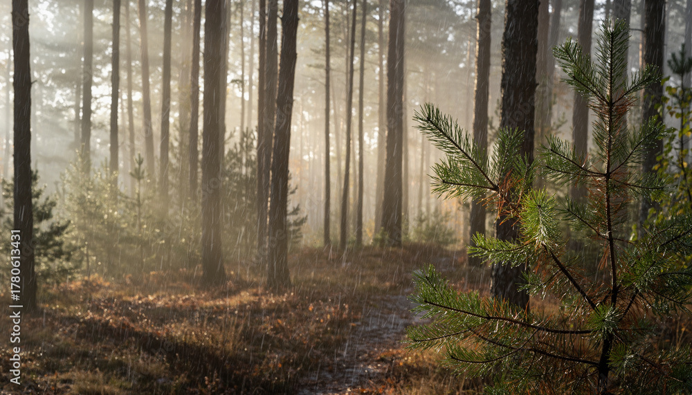 Fototapeta premium Sunlight streams through pine trees during a gentle rain shower.