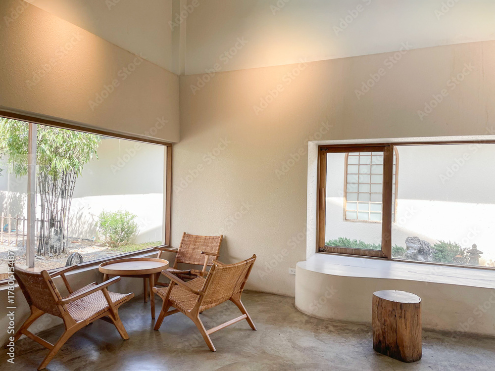 Fototapeta premium Cafe tables and chairs are made of wood. Cafe or restaurant interior decoration chair
