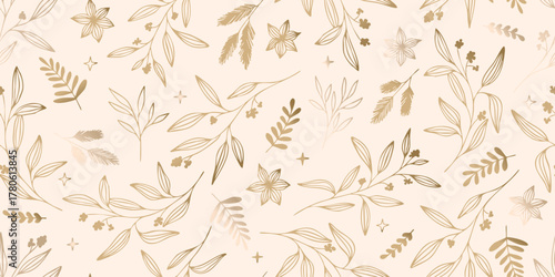 Elegant seamless pattern with gold branches in line art style, background with winter botanical elements