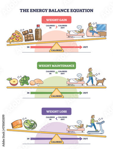 Energy balance equation visualizes calories in vs out, a scale contrasts foods and activity, featuring pizza, bed, and treadmill to show gain, maintenance, and loss. Outline diagram