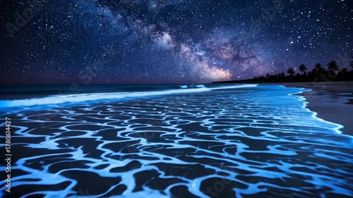 Mesmerizing Bioluminescent Waves Under the Starry Night Sky on Tropical Beach