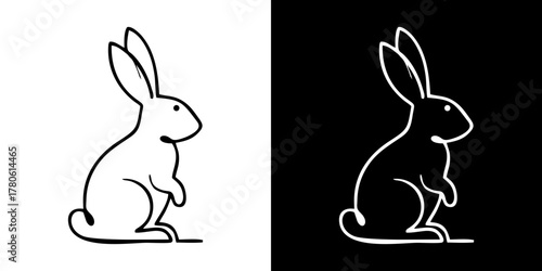 Minimalist single line drawing of a sitting rabbit. Simple black and white bunny outline vector illustration for logo or icon design