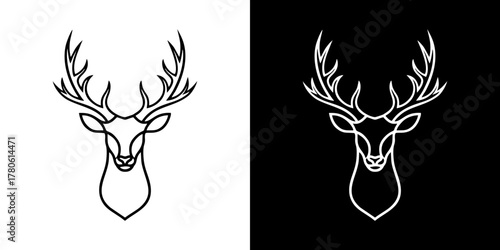 Elegant one-line drawing of a deer head with large antlers. Minimalist stag logo or icon design presented in a black and white vector format