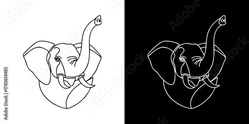 Elephant head illustration design, outlined and stylized, with trunk raised, in contrasting backgrounds