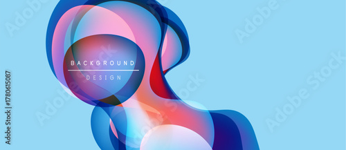 Abstract fluid shapes overlap, creating vibrant color blends. Blue background complements red, purple, white elements. Modern design.