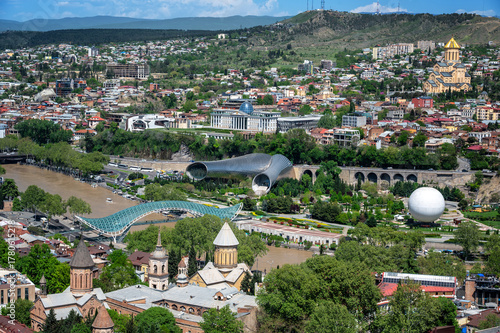 Beautiful view of Tbilisi, Georgia with the Bridge of Peace spanning the Kura River