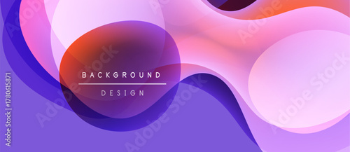 Abstract fluid shapes, vibrant colors blend. Purple, pink, orange hues create modern background design. Smooth gradients dominate composition.