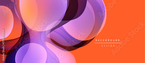 Abstract shapes overlap, creating vibrant color gradients. Orange background complements purple, pink hues. Modern design element.