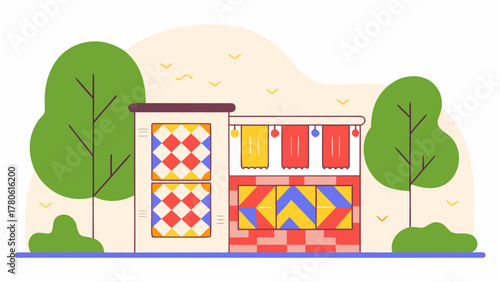 Colorful building with trees in cartoon style