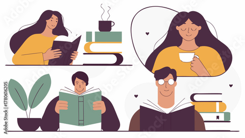 Diverse people reading books and drinking coffee