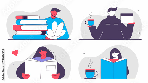 People reading books and drinking coffee illustration