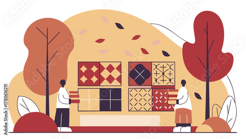 An autumn art exhibition with people viewing patterned textile designs