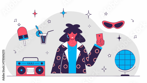 A woman enjoying a party with a boombox, drink, and sunglasses