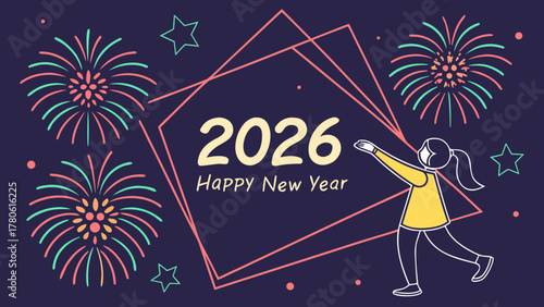 Celebrating the arrival of the year 2026 with fireworks and a happy girl