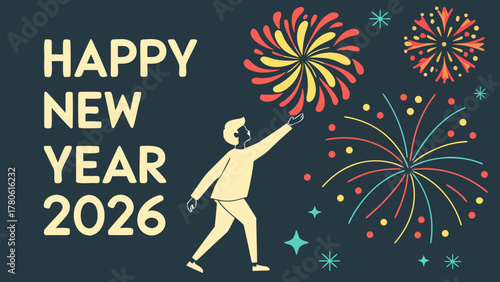 Happy new year 2026 with a person reaching for fireworks on a dark background