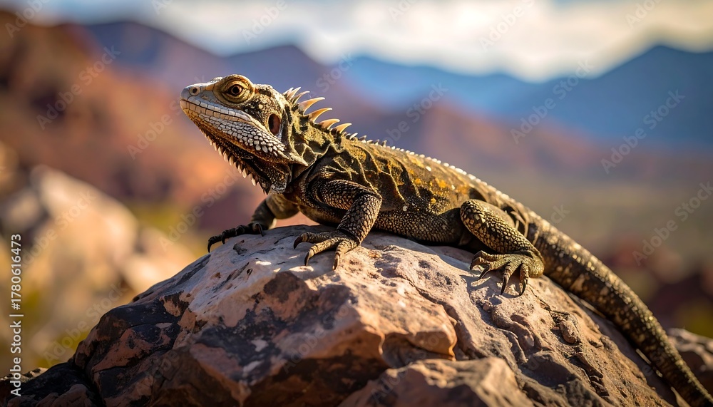 Naklejka premium Lizard atop rock formation, scales shimmering under sunlight, mountainous backdrop blurred
