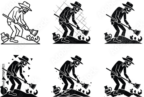 Archaeologist working on excavation site discovering ancient pottery artifacts, skeleton figure digging with brush, archaeology research vector illustration, 
