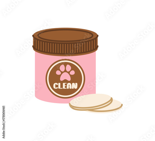 Pet cleaning cloths in a simple flat style.  Pink jar with brown lid with napkins for the eyes, ears, teeth of a pet. Isolated vector illustration