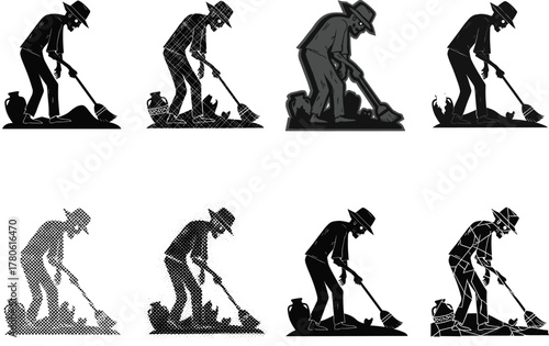 Archaeologist digging at excavation site discovering ancient pottery fragments, skeleton figure working with brush and tools, historical exploration vector 