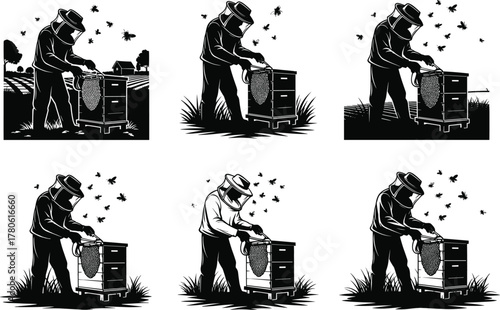 Beekeeper working with honeycomb frame vector illustration, apiculture process, rural beekeeping, honey production, apiary care, honeybee farming, agricultural work and organic honey industry