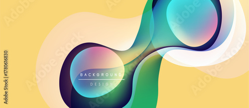 Abstract fluid shapes blend, creating vibrant color gradients. Soft yellow backdrop complements dynamic design elements. Modern, smooth aesthetic.